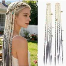 2pcs/Set Women's Clip-In Braided Hair Extensions, 20 Inch With Beads And Charms, Handmade Synthetic Bohemian Style Hair Pieces, Suitable For Cosplay, Renaissance Fair, 8 Strands - 彩色 - 查看 1