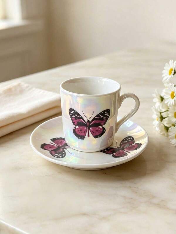 Iridescent Pearlescent Ceramic Espresso Cup & Saucer Set, 80ml Ceramic Mug, Fuchsia Butterfly Print, Pearl Glaze Cup & Saucer Coffee Cup, Flowing Light Ceramic Tea Cup, Suitable For Girls, Ideal For Afternoon Tea And Gifting