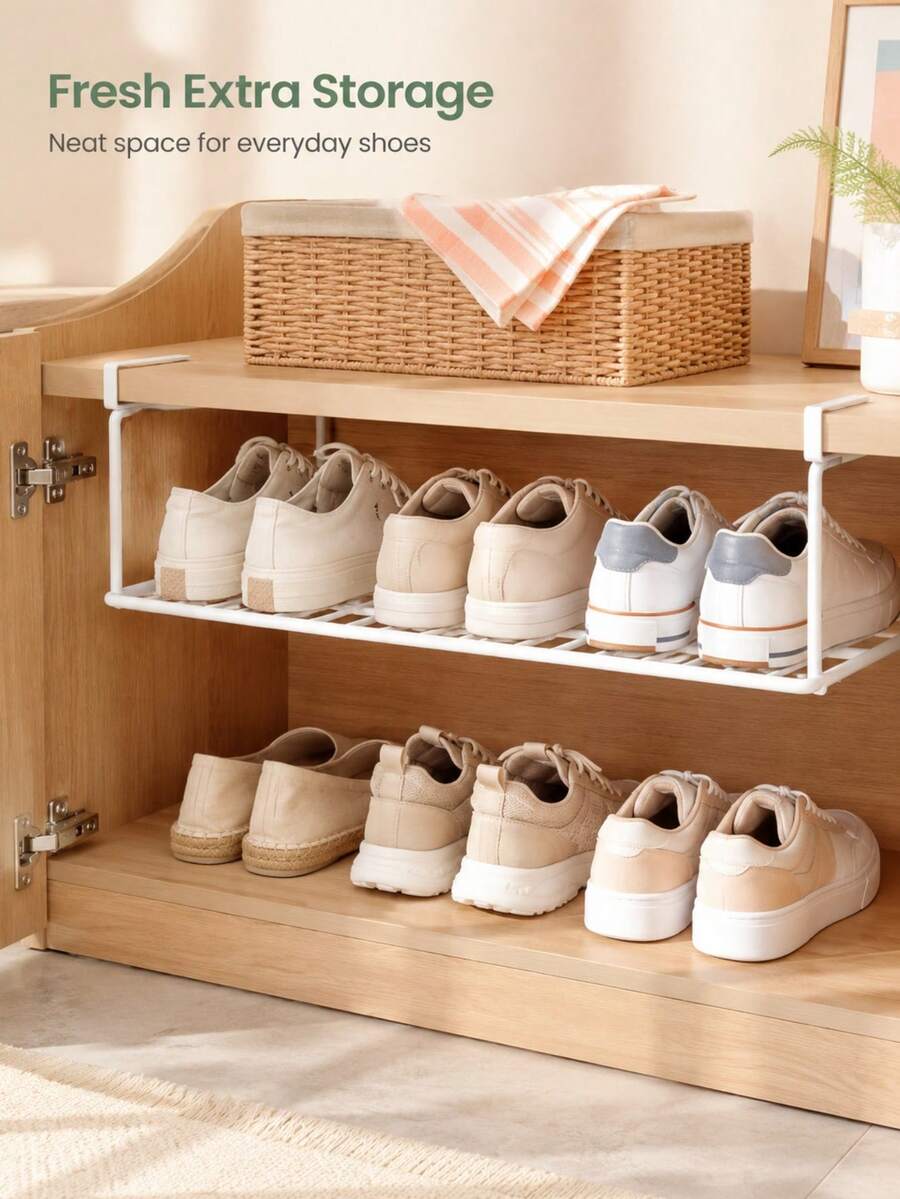 White Metal Hanging Shoe Rack, No Drilling Required, Suitable For Under Cabinets, Bathroom Shelf, Expands Storage Space, Unisex, Suitable For Families, Multi-Scene Shoe Rack, Suitable For Wardrobe/Entryway, Kitchen, Bathroom