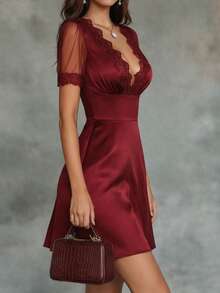 Vestido feminino Vuslat de verão em cetim, elegante, com patchwork de renda, cintura marcada, sexy, decote em V, manga curta, cor bordeaux, adequado para festas elegantes, cerimónias de graduação, convidados de casamento, uso no escritório, passeios de verão, roupas de férias, Dia da Independência - Vermelho - Ver 5