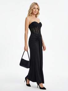 Women's Elegant Black Sleeveless Low Cut Neck Long Dress, Backless Woven Fabric Tank Style Gown With Slight Stretch - 黑色 - 查看 4