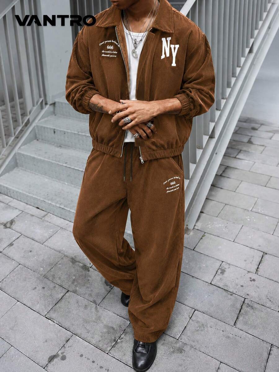 復古街頭風男士套裝,寬鬆廓形燈芯絨落肩夾克與抽繩寬腿拖地長褲兩件套 - 咖啡棕 - 查看 1