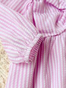 Baby Girl Pink & White Striped Dress, Square Neck Ruffle Flutter Puff Long Sleeve, Large Bow Design On Chest, Loose Pleated Cake Skirt, Matching Bow Knee-High Socks, Sweet Fresh Princess Style, Spring/Autumn New, Suitable For Daily Wear, Birthday Photo Outfits, Popular In Europe, America, Middle East, Ins Style Gentle Chic Baby Clothes - Pink - View 6