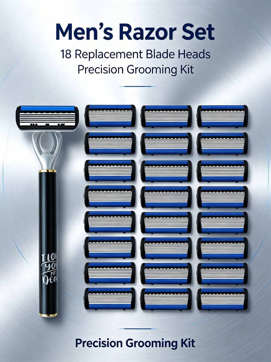 Romantic Letter Print Men Shaving Razor Set,1 Razor Holder & 18 Refill Cartridges,6 Layer Sharp Stainless Steel Blades,Portable Manual Shaver For Daily Facial Beard Shaving Male Grooming Kit - A - View 1
