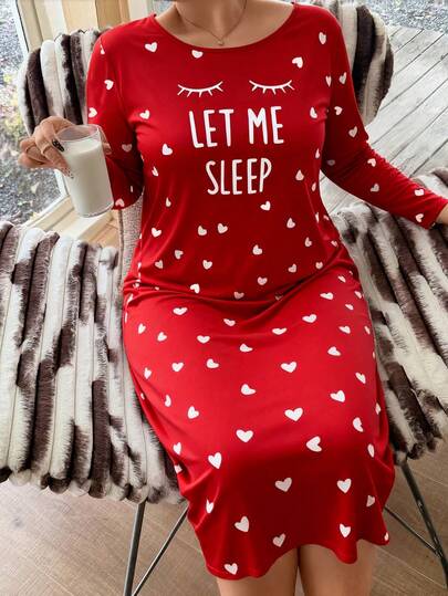 Women's Plus Size Nightgown, Heart Print, Long Sleeve Maxi Dress, Home Wear, Autumn/Winter