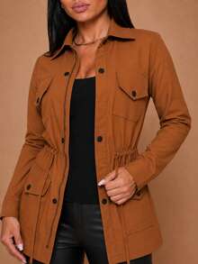 Women's Bengaline Parka Coat With Drawstring, Pockets, And Buttons - بني فاتح - مشاهدة 6