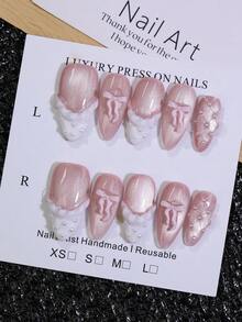 10 piezas de uñas postizas de almendra con ojo de gato rosa dulce, hechas a mano, con lazo 3D y patrón de encaje de perlas, punta francesa blanca, reutilizables, para DIY, citas, uso diario, belleza de uñas, regalo para mujeres - Rosa - Ver 2