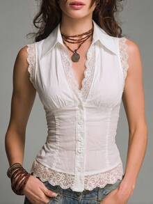 復古法式休閒度假風優雅修身白色V領蕾絲飾邊無袖女款襯衫；夏季女款上衣，工作裝；女款白色襯衫，女款鈕扣襯衫，女款休閒襯衫，外出上衣 - 白色 - 查看 4