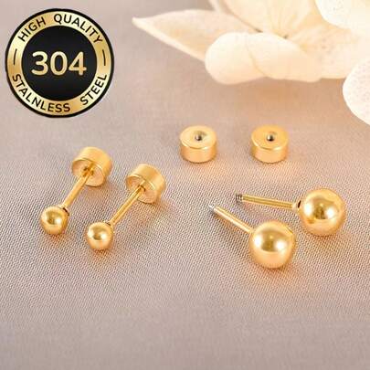 3 Pairs Stainless Steel Ball Earrings Set | 2mm, 3mm, 4mm Screw Round Dome Stud Earrings, Suitable For Shower And Sleep, For Women And Men Cartilage Earrings, No-Removal Design, Hypoallergenic Gift