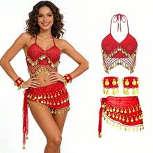 Exotic Themed Party Dangling Coin Sequin Bra Top With Fringe Hip Scarf And Cuffs For Costume Cosplay And Festival Parade - Multicolor - View 17