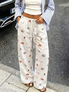 VIBEWAVE Shell And Starfish Print Drawstring Elastic Waist Wide-Leg Pants Women's Textured Vacation Style Loose Straight Casual Trousers - White - View 5
