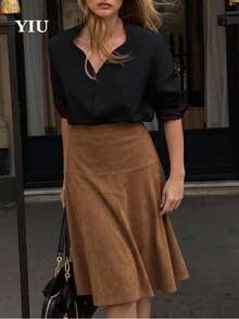 YIU Women's Brown Suede A-Line Skirt, Knee Length Slightly Elastic Casual Elegant Autumn Commute Date Daily Wear - Brown - View 3