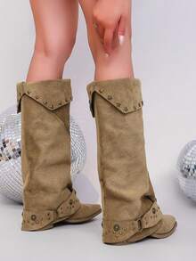 Western Style Star Rivet Folded Cuff High Top Boots Women Vintage Streetwear Slimming Pointed Toe Tall Boots - Khaki - View 4