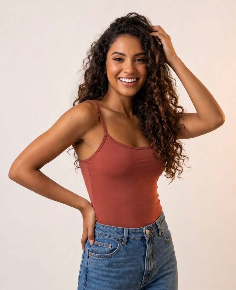 Basic Women's Spaghetti Strap Tank Top - 鏽棕色 - 查看 1