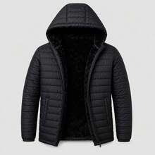 Jaqueta Puffer Plus Size Forrada Capuz Removível Quentinha  Outono / Inverno    Ajuste Regular    Bolso  Acolchoado  Zíper  Pelinhos    Formal e Noturno  Diário  Noite    Jaqueta - Preto - Visão 3