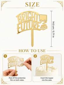 3pcs Luxury Gold Reflective Graduation Cake Ornament, Curved Bright Future Typography Embedded Classroom-Themed Cutouts. Mirror Finish Presents Uplifting Aesthetics For Graduation And Promotion Party Dessert Display Layouts - A - View 7