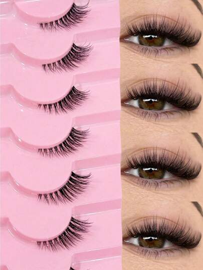 7 Pairs Half-Length False Eyelashes, Transparent Lash Stem, Cat Eye Style, Long And Natural, Lightweight And Breathable, Faux Mink Hair Material, Fluffy And Soft, Create Natural Makeup Look, Suitable For Daily Wear, Party, Valentine's Day Makeup