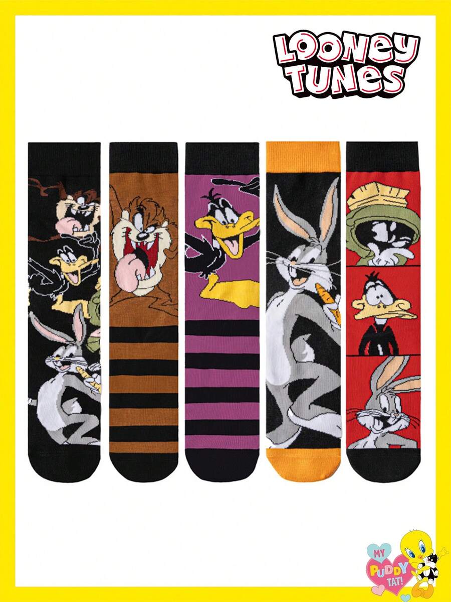5 Pairs Unisex Socks Warner Bros. Co-Branded Bugs Bunny & Tweety Cartoon Animal Striped Mid-Calf Socks, Suitable For Halloween And Other Holidays, Autumn/Winter - View 1