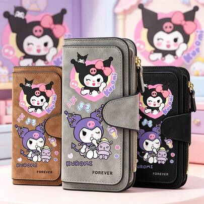 1PC Sanrio Kuromi Vintage Style Coin Purse Wallet Card Holder, Cute Cartoon Print PU Coin Purse, Long Handheld Coin Purse, Multi-Slot Wallet, Girls Gift, Shopping, Transparent ID Window, Side Zipper Coin Pocket, Bi-Fold Snap Design, Daily Travel Cute Fashion Accessory Gift