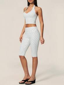 TimeOff Women's One Set Polka Dot Halter V-Neck Backless Tank Top & Bermuda Shorts Sports Set - White - View 6