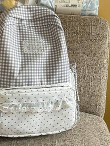 1pc Minimalist Large Capacity Polka Dot Plaid Backpack School Bag Suitable For Travel, Outing, Shopping, Vacation - Grey - View 2