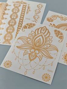 4pcs Gold Metallic Temporary Tattoo Stickers, Bohemian Style Element Stickers, Metallic Glossy Texture, Waterproof Long-Lasting Temporary Tattoo Stickers For Festivals, Daily Body Decoration - Gold - View 7