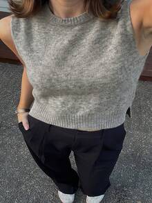 Daleeva Spring Autumn Winter Grey Women Sweater Vests Y2K Casual Sleeveless Mock Neck Fuzzy Knit Crop Tops Suitable For Going Out, Party & School Fall - Grey - View 7