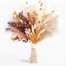 1 Bunch Brown Faux Pampas Grass & Bunny Tail Reed Bouquet, Artificial Boho Fluffy Floral Decor For Wedding Home Dining Table Party - Orange - View 7
