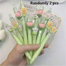 5pcs/Set Retractable Ballpoint Pens, Random Floral Pen Tips, Smooth Writing Neutral Ink Pens, Suitable For Students, Exams, Office And Daily Use, Stationery (Black) - Multiple Styles - View 11