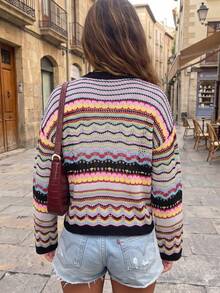Suéter de mujer casual a rayas, corte holgado, cuello redondo, manga larga, punto ligero, estilo boho, para vacaciones, primavera y otoño 2026, con ribete en contraste - Multicolor - Ver 3