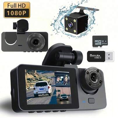 3-Channel 1080P Front And Rear Built-In Dash Cam, 3-Way Car Camera With 32GB Memory Card, Infrared Night Vision, 24/7 Parking Monitoring, G-Sensor, Loop Recording, Suitable For Cars And Trucks, 150mAh Battery Capacity