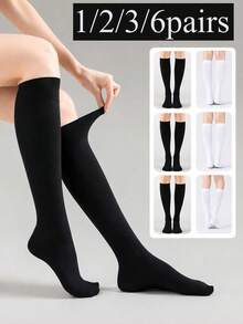 1/2/3/6 Pairs Women's Ribbed Knit Mid-Calf Socks, JK Style Striped Sports Socks, Soft Elastic Over-The-Knee Socks, Suitable For Daily Wear And Campus Outfits - Black and White - View 1