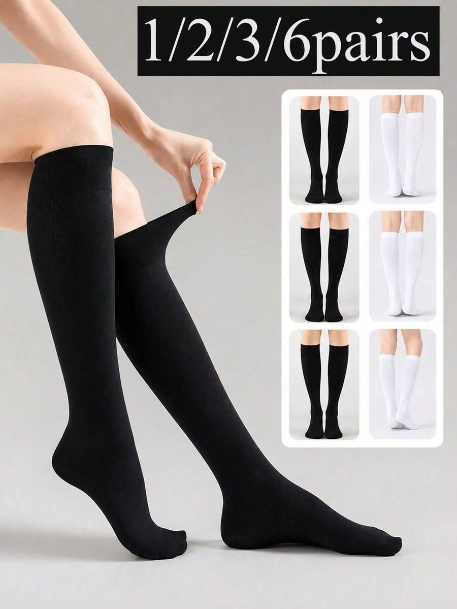 1/2/3/6 Pairs Women's Ribbed Knit Mid-Calf Socks, JK Style Striped Sports Socks, Soft Elastic Over-The-Knee Socks, Suitable For Daily Wear And Campus Outfits - Black and White - View 1