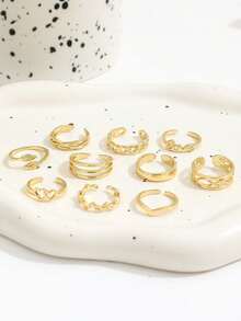 10 piezas Anillos para los dedos de los pies con diseños creativos de letras, corazones y hojas, anillos apilables de múltiples elementos con enredadera de corazones para mujeres - Dorado - Ver 3