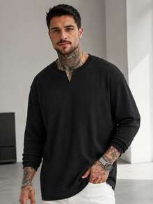 1pc Men's V-Neck Ribbed Knit Sweater, Long Sleeve T-Shirt, Knit Fabric, No Pilling, No Deformation, Casual Style, Retro Old Money Style, V-Neck Polo Henry Collar Design, Minimalist Design With Hidden Details - Black - View 2