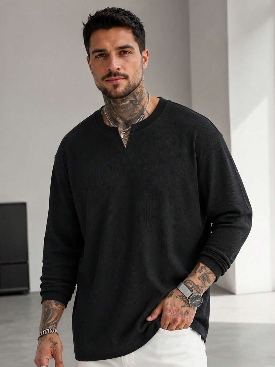 1pc Men's V-Neck Ribbed Knit Sweater, Long Sleeve T-Shirt, Knit Fabric, No Pilling, No Deformation, Casual Style, Retro Old Money Style, V-Neck Polo Henry Collar Design, Minimalist Design With Hidden Details