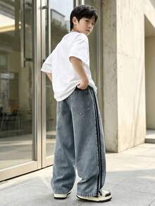 Boys' Denim Wide Leg Pants 2026 Spring/Autumn New Style Personalized Denim Long Pants For Big Kids - Medium Wash - View 5