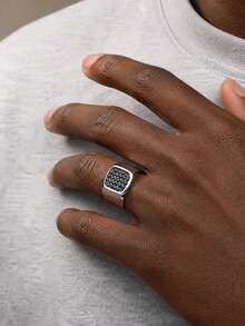 1pc Vintage Black Zirconia Stainless Steel Cast Ring For Men, Punk, Gothic Style, Jewelry Accessory, Daily Wear - Silver - View 1