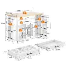 Flieks Mobile Kitchen Island With Foldable Worktop, Kitchen Trolley, 5 Wheels, Multiple Storage Racks, Spice Rack, Cutlery Storage Drawer, 120 X 45 (70) X 90 Cm - White - View 4