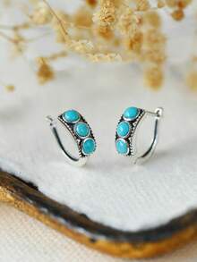 1 par de pendientes de aro vintage plateados de turquesa sintética, 3 pendientes en forma de C con piedra ovalada estilo western boho, joyería retro de vacaciones para mujer - Azul - Ver 6