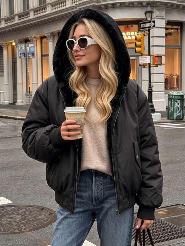 Chaqueta reversible de sherpa para mujer talla grande, silueta estilizante para talla grande, estilo casual y versátil de utilidad, cálida y de doble uso, bomber negra de invierno