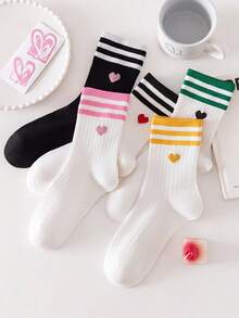 4 Pairs Random Assorted Women's Multi-Color Striped Heart Mid-Calf Socks, Breathable Cute Sweet Preppy Style, Versatile For Outings, Commuting And Gifts - Multicolor - View 3