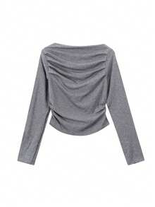 Women's Solid Color Fitted Off Shoulder Ruched Cropped T-Shirt - Grey - View 7