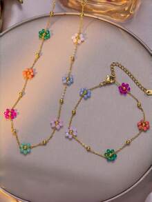 1 Set Vintage Colorful Dopamine Floral Beaded Necklace And Bracelet Set - Multicolor - View 2