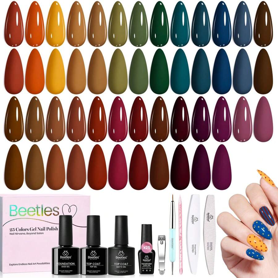 Beetles 25 Colors Fall Gel Nail Polish Set, Fall Passage Collection, Burgundy, Brown & Orange Gel Polish With Base Coat, Glossy & Matte Top Coat, Soak Off UV LED - 25 Colors Fall Passage - 查看 1