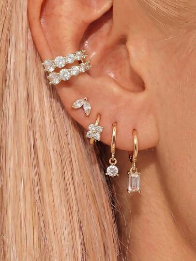 Juego de 10 piezas de pendientes de circonita dorada para mujer, con pendientes de aro, de hoja, de flor, de gota y de clip, joyería elegante y brillante para uso diario, regalo