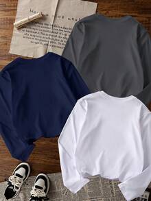 3pcs/Set Tween Boys Long Sleeve Tops, Cool Headphone Bear Building Block Number 67 Cartoon Graffiti Print Crew Neck Loose Pullover Spring Autumn Children's Clothing - Dark Grey - View 2