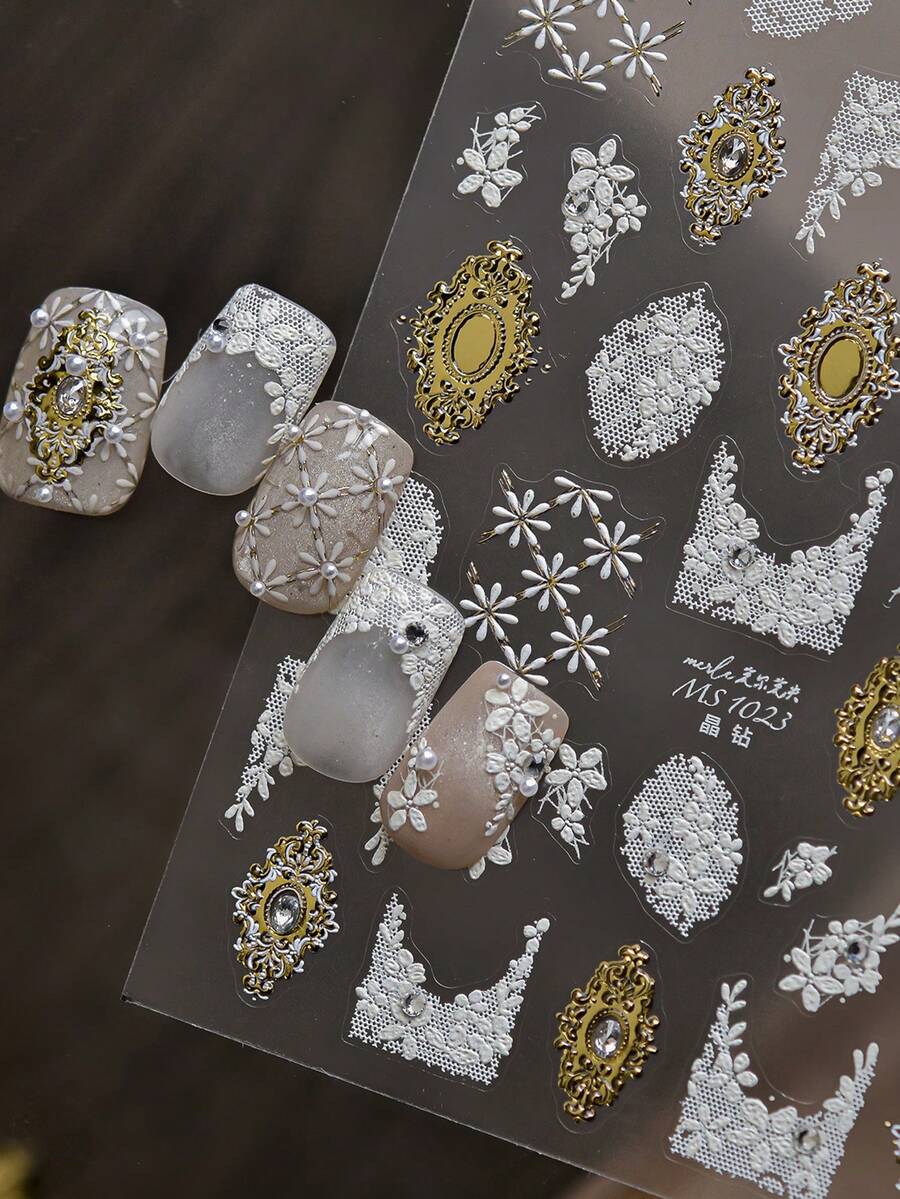 1pc Exquisite 5D 3D Nail Stickers, Popular DIY Nail Art Stickers With Lace Bow Design, Nail Decoration Stickers - Multicolor - View 1