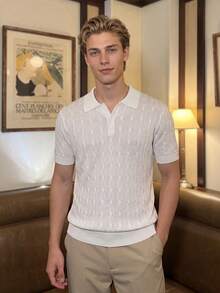 Men's Summer White Cable Knit Polo Shirt, Luxurious Airy Knit Fabric, Light & Breathable, Old Money Style For Gentleman Gatherings & Daily Casual - White - View 7