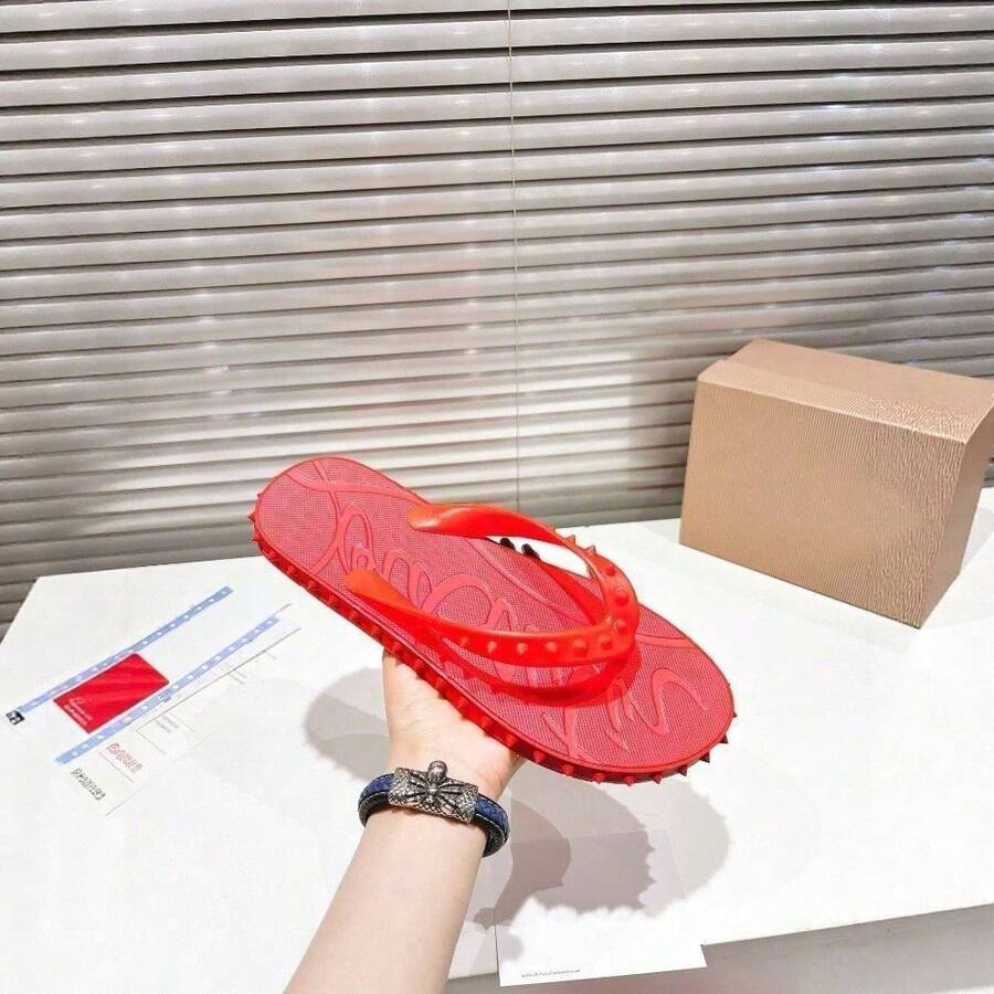 CL Explosion Red Rivet Sole Non-Slip Flat Heel Clip Foot Beach Sandals Outdoor Couples - 紅色帶 - 查看 1